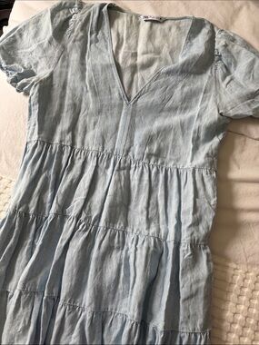 Zara Pale Blue Tiered V-Neck Denim Mini Dress